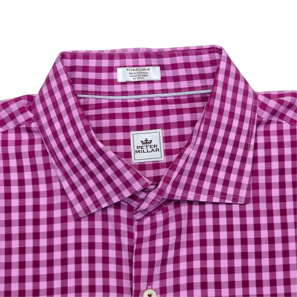 Peter Millar Mens XL Pink Gingham Check Cotton Long Sleeve Button Down Shirt